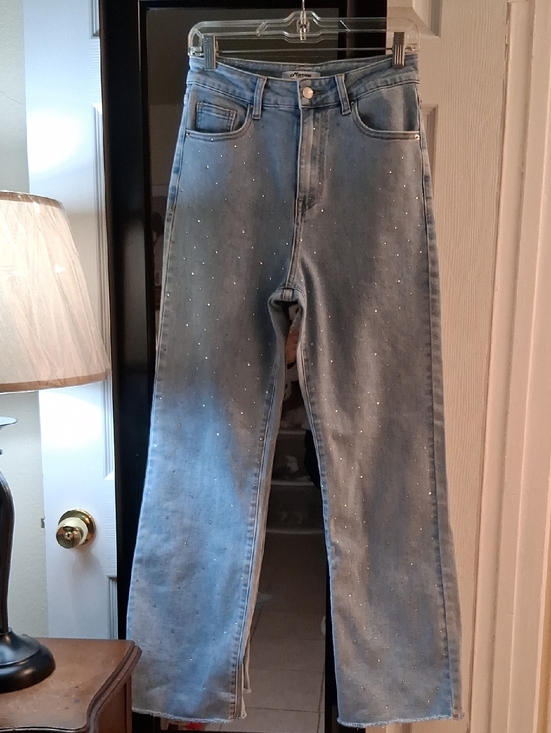 Marivy Paris Denim - High-Rise Light Blue Wide-leg  Jeans with Rhinestone Detail